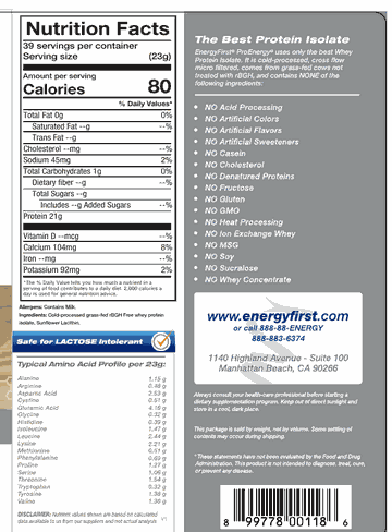 ProEnergy Natural nutrition panel, showing the cold-processed grass-fed rBGH Free ingredient statement