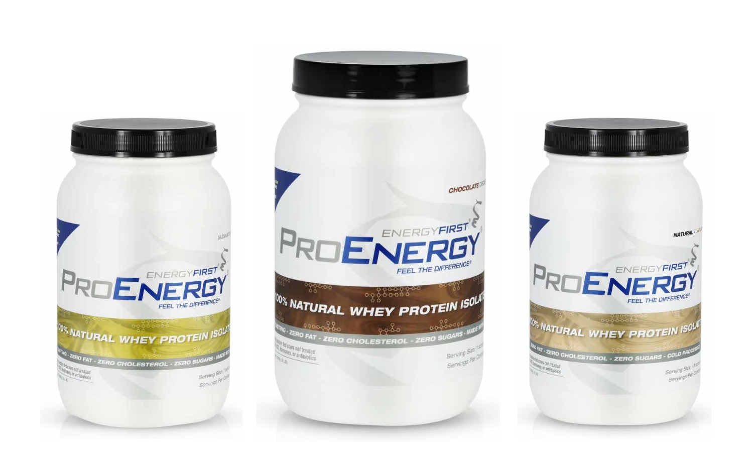 EnergyFirst ProEnergy whey protein isolate in vanilla, chocolate and unflavored, 2 lb tubs